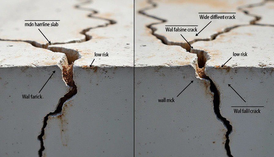 Low-risk cosmetic crack versus high-cost structural settlement crack Comparison of minor vs severe slab cracks with damage indicators