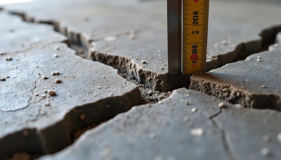 Concrete slab crack width assessment in new home foundation Measured 1/8-inch slab crack with calipers